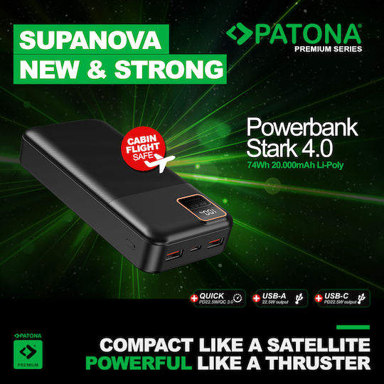 Patona Stark 4.0 Power Bank 20000mAh 22.5W with 2 USB-A Output Ports and USB-C Output Port Power Delivery Black