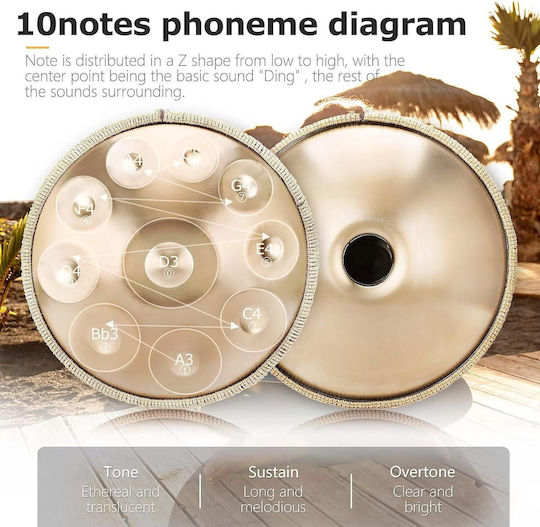 Instrument De Percuție Handpan 10 Note 22 Inch Tobe Manuale Re D Minor 440 Hz Bețe Suport Geantă De Transport Și Depozitare Performer