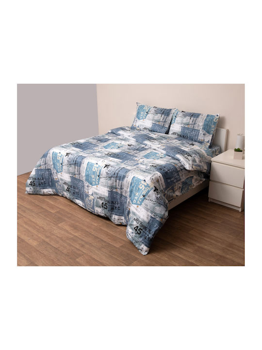 Viopros Super-Double Bed Sheets Set with Rubber Hugger 160x200+25cm Blue 4 Pieces
