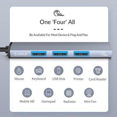 Orico USB Хъб 4 Порта USB 3.0 с Връзка USB-C / USB-A Сив