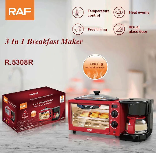 Electric Multi-Function Mini Oven 3-in-1 Multi-Device Coffee Maker Oven Non-Stick Grill Timer 1250W Black Raf Hg-5308r