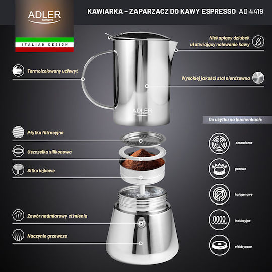Adler Stovetop Espresso Pot for 6 Cups Inox Brown