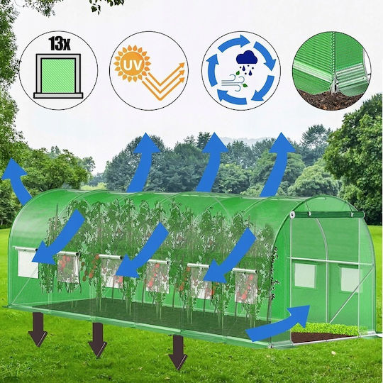 Seră Tunel Tip Cadru Metalic 300x600cm 13 Ferestre Verde 18 Mp