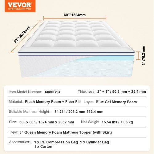 Vevor Matratzentopper Doppel Memory-Schaum 152x203x7.62cm