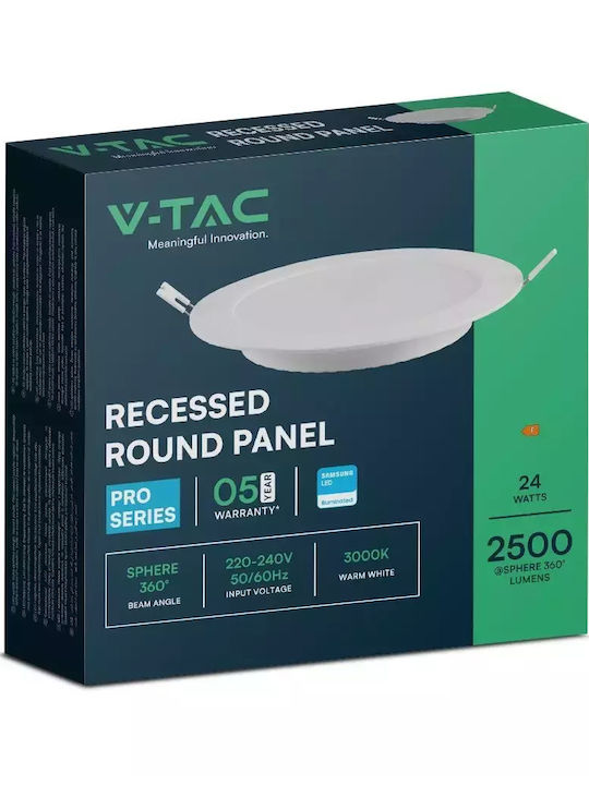V-TAC Στρογγυλό Χωνευτό LED Panel 24W με Ψυχρό Λευκό Φως 6500K 29εκ.