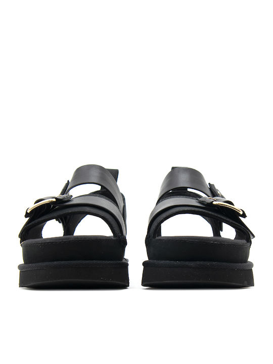 Goldenstar Δερμάτινα Γυναικεία Σανδάλια Flatforms Μαύρα