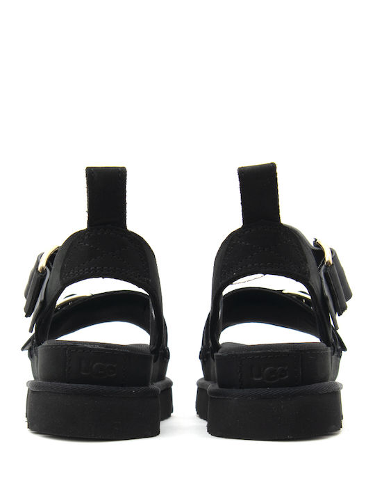 Goldenstar Δερμάτινα Γυναικεία Σανδάλια Flatforms Μαύρα