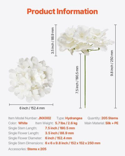 Vevor Decorative Artificial Hydrangea Flowers 205 Pieces 25 Cm White Rzxqbs205pcs6hw4t001v0