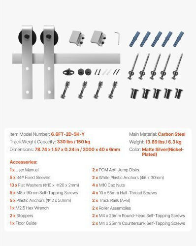 Vevor 6.6ft Sliding Barn Door Hardware Kit Single Sliding Barn Door Silver