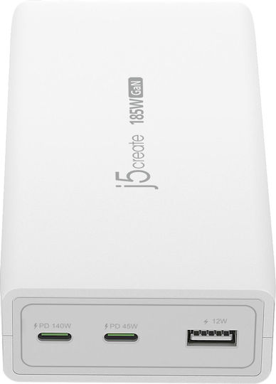 J5create Φορτιστής Magsafe GaN με Θύρα USB-A και 2 Θύρες USB-C και Καλώδιο USB-C 185W Power Delivery Λευκός (JUP37185W-FN)