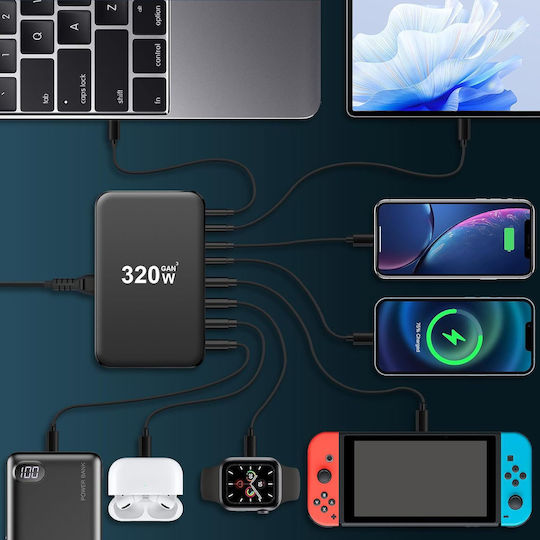 Suport de Încărcare GaN cu 4 Porturi USB-A și 4 Porturi USB-C 320W Livrarea energiei în culoarea Negru (X0024H8KPH)