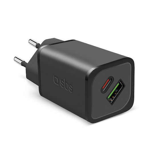 SBS Charger with Built-in Cable GaN with USB-A Port and USB-C Port 65W Power Delivery Blacks