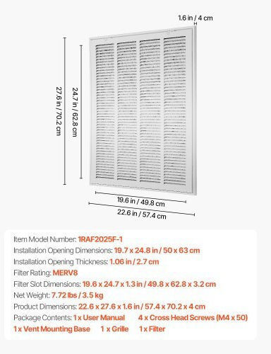 Vevor Γρίλια Αεραγωγού Φίλτρο Άνοιγμα 20x25 Ίντσες Hfglgzdglqw288ie8001v0