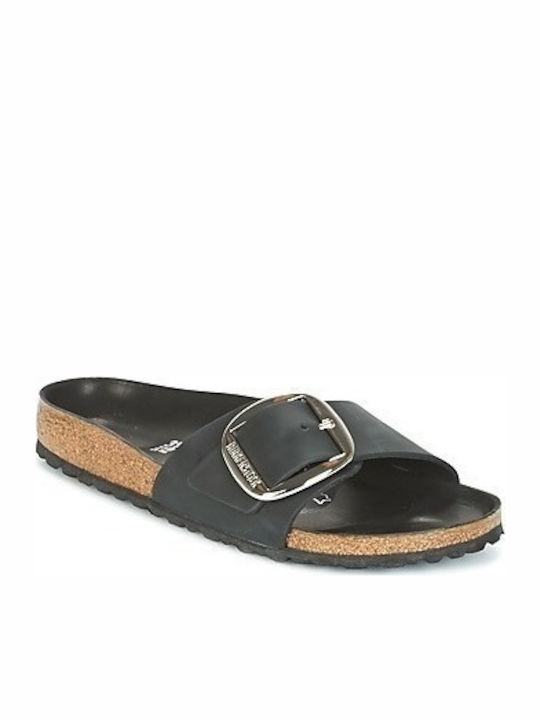 Madrid Big Buckle Oiled Leather Leather Women's Flat Sandals Anatomic in Black Color Narrow Fit