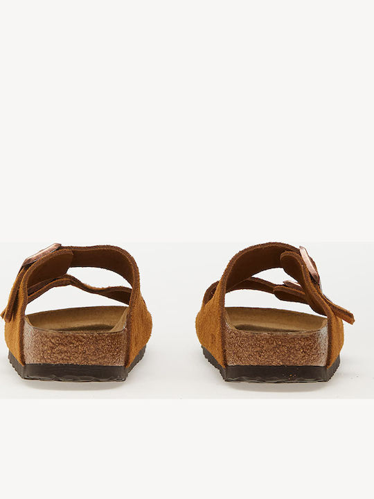 Arizona Soft Footbed Suede Leather Women's Flat Sandals Anatomic in Tabac Brown Color Narrow Fit