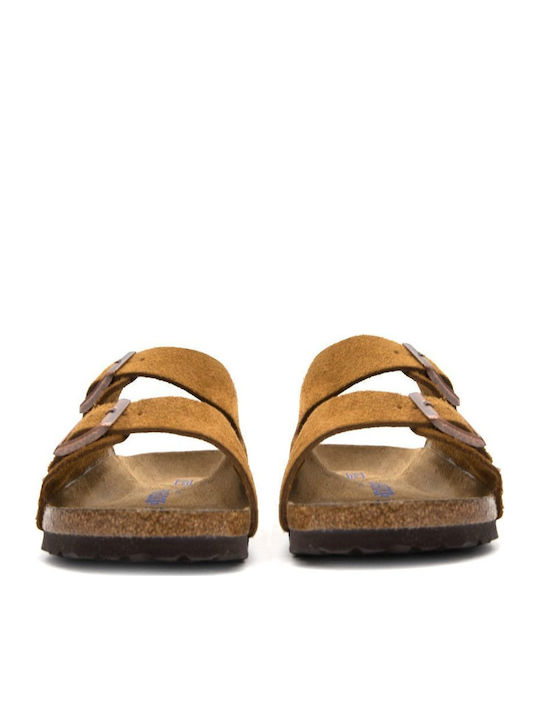 Arizona Soft Footbed Suede Leather Women's Flat Sandals Anatomic in Tabac Brown Color Narrow Fit