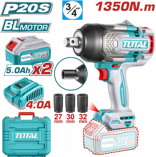 Total Brushless Impact Wrench Battery 20V 2x5Ah with Socket 3/4"