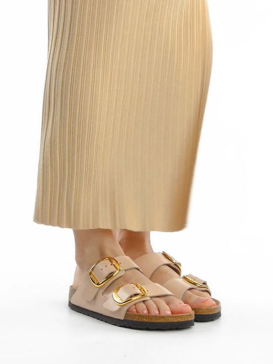 Arizona Big Buckle Leather Women's Flat Sandals Shine New Beige Narrow Fit