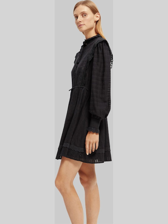 Broderie Anglaise Mini Shirt Dress Dress with Ruffle Black