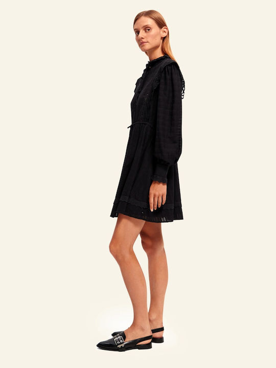 Broderie Anglaise Mini Shirt Dress Dress with Ruffle Black