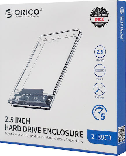 Orico 2139C3 Θήκη για Σκληρό Δίσκο 2.5" SATA III με σύνδεση Type-C σε Διάφανο χρώμα