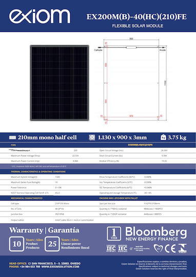 Exiom Solution EX200M(B)-40(HC)(210)FE Monocrystalline Solar Panel 200W