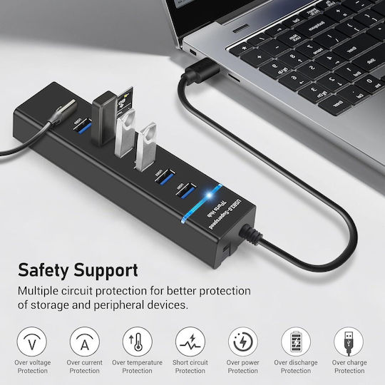 7 In 1 Usb Hub Usb 3.0 7 Ports 5 Gbps 30 Cm Compatible Windows Macos Linux Plug Play Led Light Overcurrent Protection Overload Protection Short Circuit Protection Multifunctional