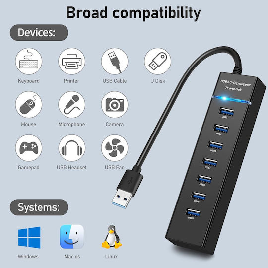 7 In 1 Usb Hub Usb 3.0 7 Ports 5 Gbps 30 Cm Compatible Windows Macos Linux Plug Play Led Light Overcurrent Protection Overload Protection Short Circuit Protection Multifunctional
