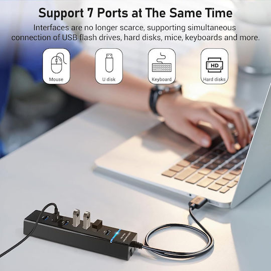 7 In 1 Usb Hub Usb 3.0 7 Ports 5 Gbps 30 Cm Compatible Windows Macos Linux Plug Play Led Light Overcurrent Protection Overload Protection Short Circuit Protection Multifunctional