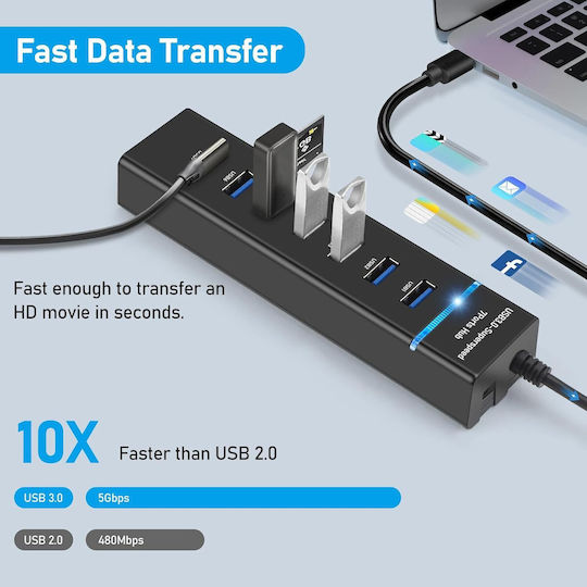 7 In 1 Usb Hub Usb 3.0 7 Ports 5 Gbps 30 Cm Compatible Windows Macos Linux Plug Play Led Light Overcurrent Protection Overload Protection Short Circuit Protection Multifunctional