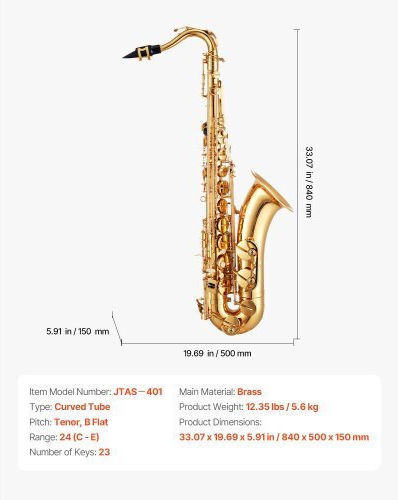 Vevor Tenor Saxophone Gold Brass B Flat Saxophone Kit Beginners Mouthpiece Case
