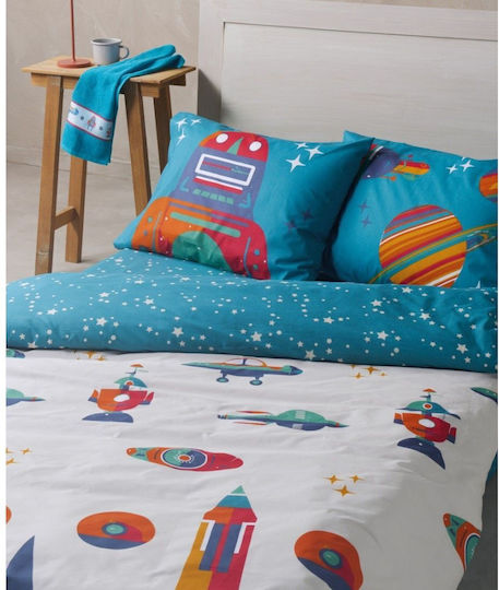 Kentia Σετ Σεντόνια Μονά Βαμβακερά Galactica Μπλε 160x270cm 3τμχ