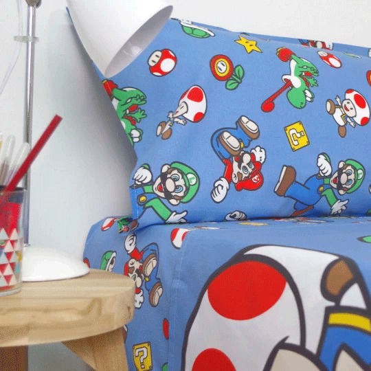 Nintendo Σετ Σεντόνια Μονά από Βαμβάκι & Πολυεστέρα Super Mario Bros Μπλε 90x195cm 3τμχ
