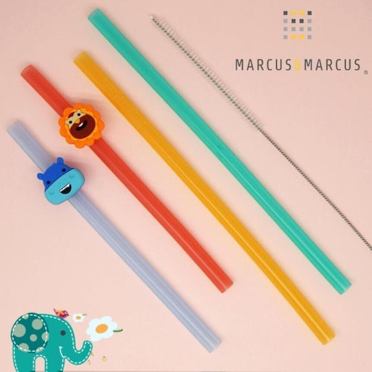 Marcus & Marcus Silicone Baby Replacement Straw Family with animals & Cleaning Brush 4pcs Multicolour