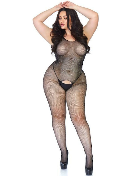 Leg Avenue Crystallized Net Bodystocking Plus Size Ολόσωμο Καλσόν Διχτυωτό με Ανοιχτό Καβάλο Black