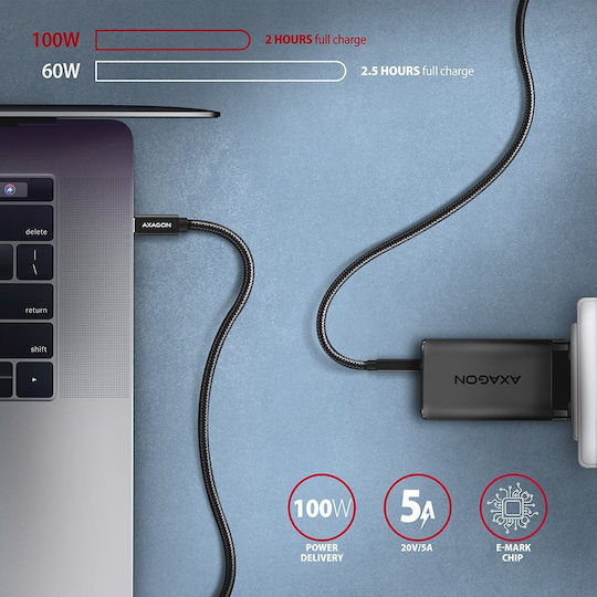 Axagon Braided USB 3.2 Video Cable USB-C male - USB-C 100W PD Μαύρο 0.5m