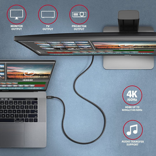 Axagon Braided USB 3.2 Video Cable USB-C male - USB-C 100W PD Μαύρο 0.5m