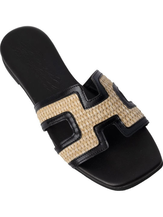Leather Women's Flat Sandals in Black Color