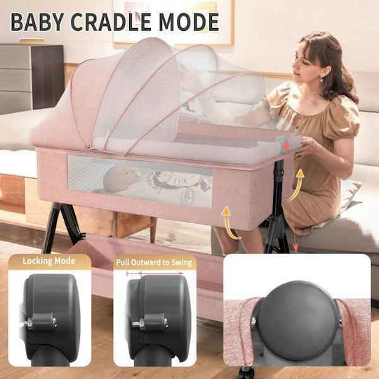 Cradle-Park with Mattress, Side Opening, and Wheels Pink