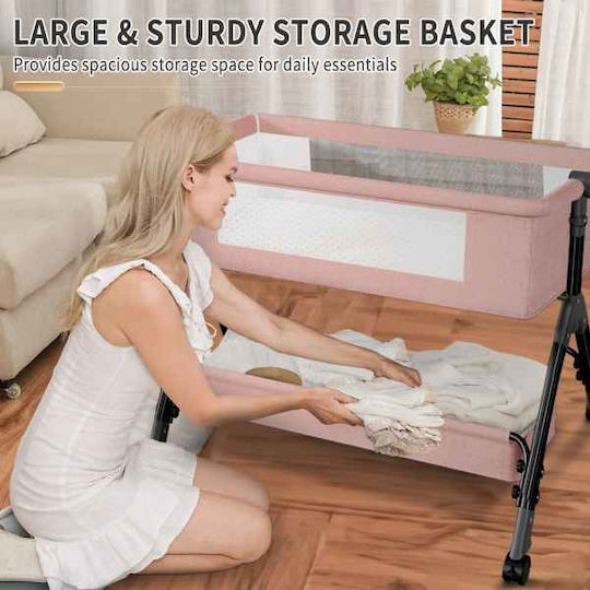 Cradle-Park with Mattress, Side Opening, and Wheels Pink