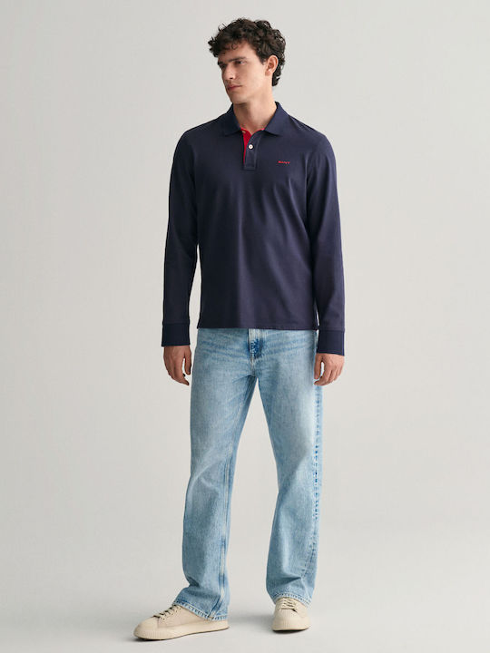 Contrast Polo Long Sleeve Navy Blue Blouse