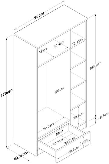 Ușă triplă Dulap de Haine Walnut White 90x42.5x170cm