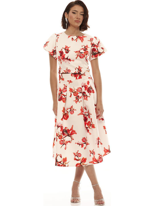Set with High-waisted Midi Skirt Floral Red