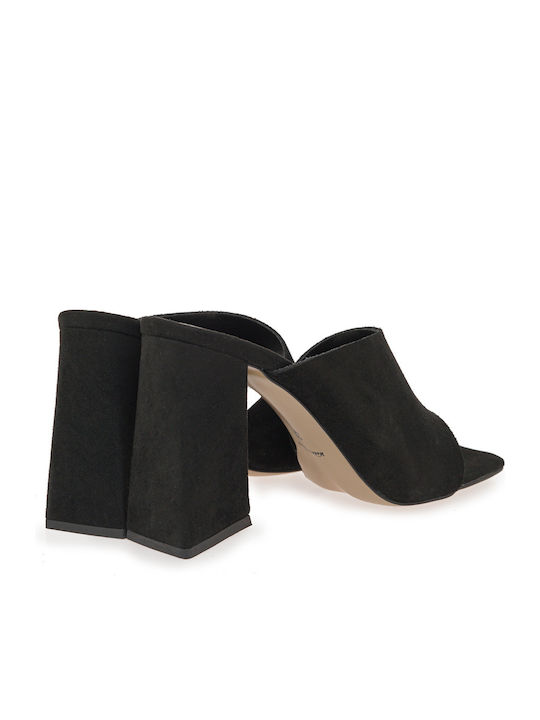 Suede Mules με Ψηλό Τακούνι σε Μαύρο Χρώμα