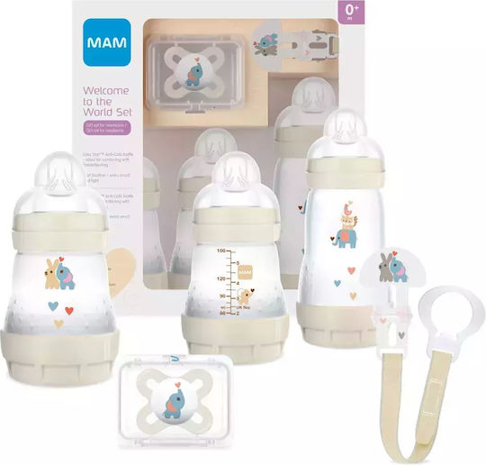 Mam Plastic Baby Bottle Set Welcome Anti-Colic with Silicone Nipple for 0+, 0+ m, months Beige Elephant - Beige 260ml 5pcs