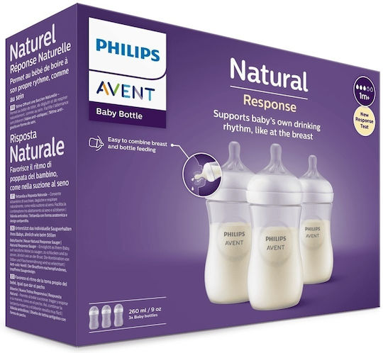 Philips Plastic Baby Bottle Natural Response Anti-Colic with Silicone Teat for 3-6 Months Transparent 260ml 3 Pieces