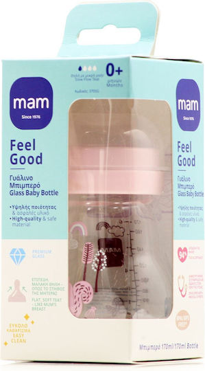 Mam Γυάλινο Μπιμπερό Feel Good Κατά των Κολικών με Θηλή Σιλικόνης για 0+ μηνών Ροζ Πουλάκι / Σκιουράκι 170ml