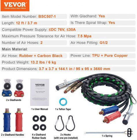 Vevor 12ft 3-in-1 Semi Truck Air Lines Kit 2pcs Glad Hands Handles