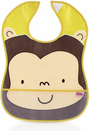 Nuby Monkey Impermeabila Bavetă material textil cu autocolant & Buzunar Maro pentru 3 m+ Nuby Monkey Impermeabila Bavetă material textil cu autocolant & Buzunar Maro pentru 3 m+