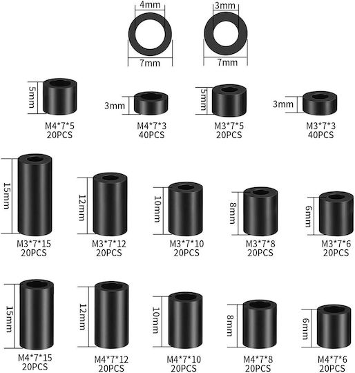 Set 320 Nylon Insulation Spacers 14 Sizes Gasket Washers Storage Box Black